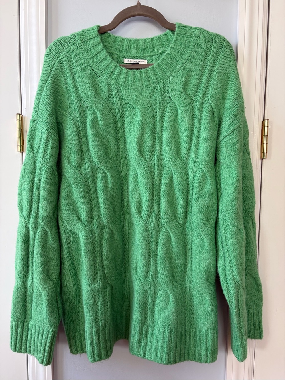 American Eagle Outfitters Green Cable-Knit Crewneck Sweater